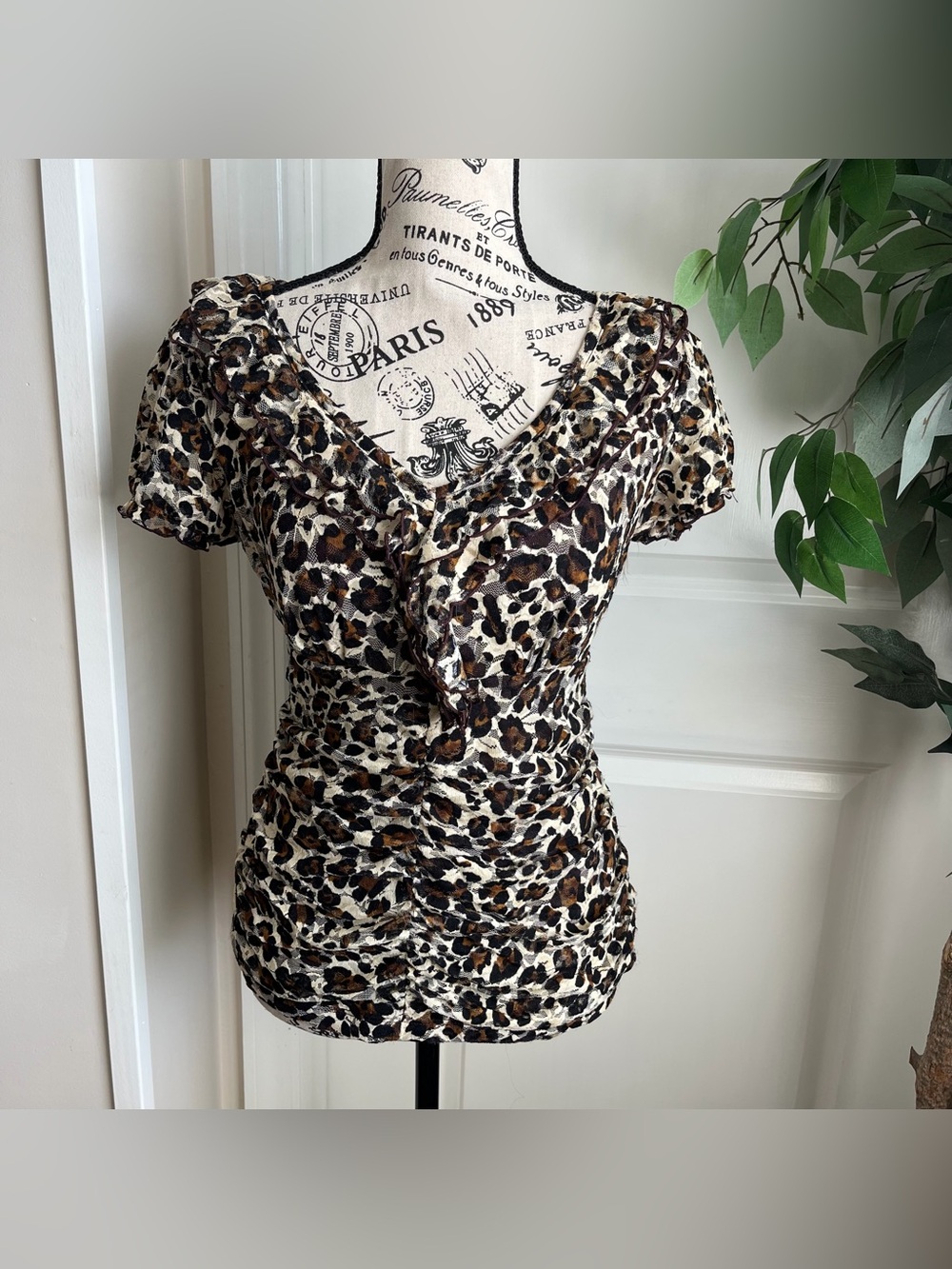 AB Studio Leopard Print Ruched Mesh Ruffle V-Neck Short Sleeve Top Brown Sz S